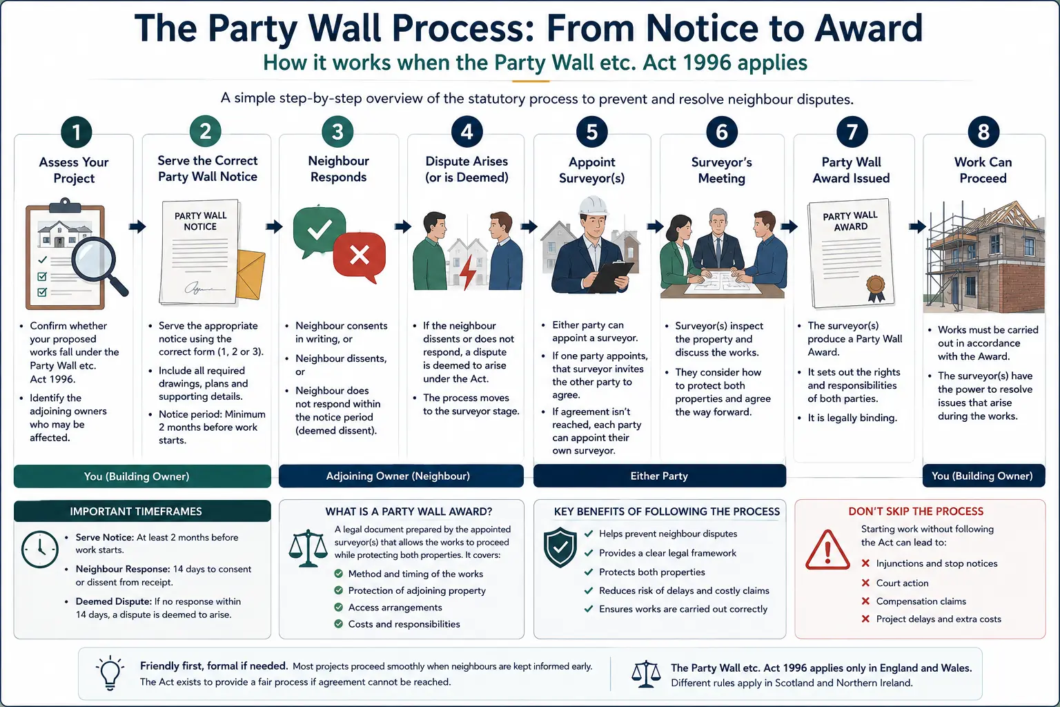 Do I Need a Party Wall Agreement? An infographic showing the party wall process from notice to award in a very interactive way for the citizens living in Sunderland, UK