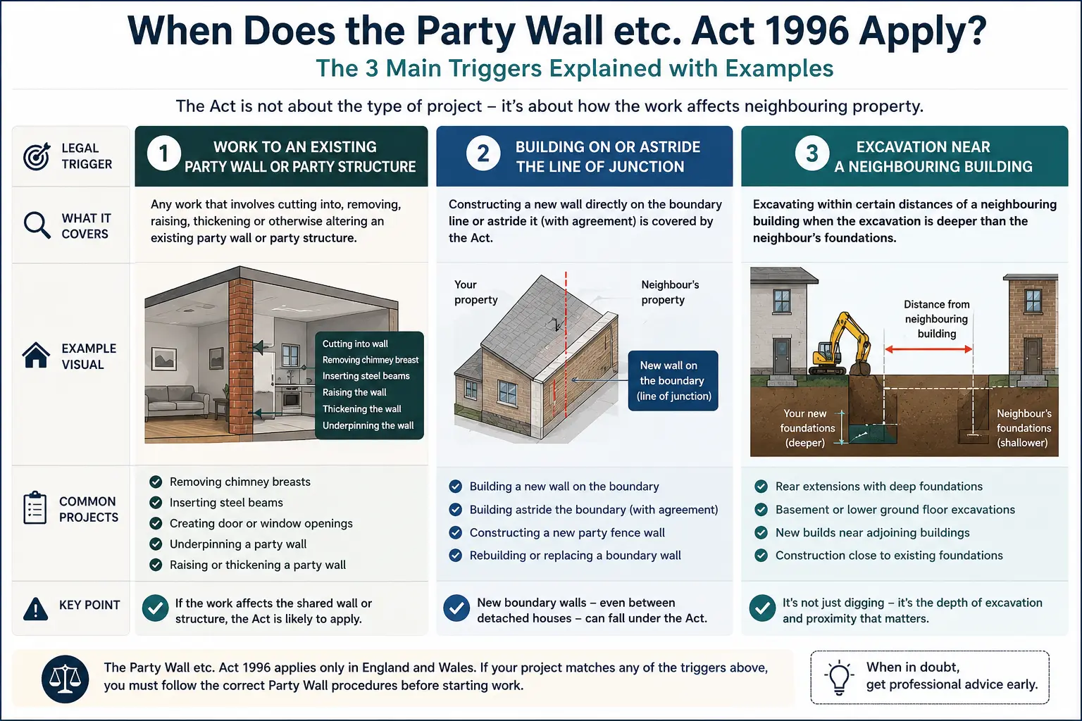 Do I Need a Party Wall Agreement? An infographic showing when does the party wall etc act 1996 apply like excavation, junction, painting, in Sunderland, UK